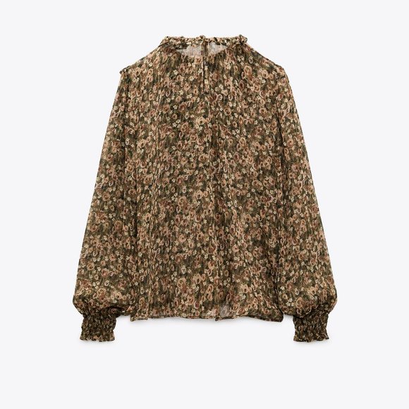 NWT ZARA METALLIC THREAD PRINTED BLOUSE Smocked  Ruffle - Picture 7 of 13